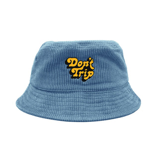 McDonalds Don't Trip Fat Corduroy Bucket Hat in blue with yellow and black Don't Trip embroidery on a white background - Free & Easy