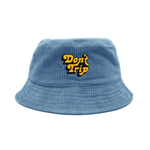 McDonalds Don't Trip Fat Corduroy Bucket Hat in blue with yellow and black Don't Trip embroidery on a white background - Free & Easy