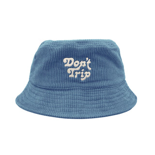 Free & Easy Don't Trip Fat Corduroy Bucket Hat in blue with white Don't Trip embroidery on a white background - Free & Easy