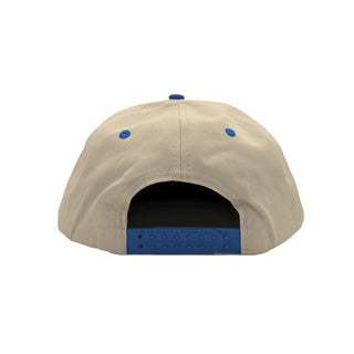 Don't Trip Two Tone Snapback Hat in natural and royal blue with blue Don't Trip embroidery on a white background -Free & Easy