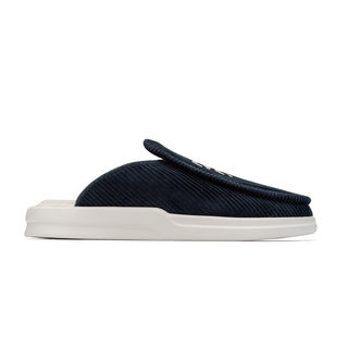 F&E x Lusso Cloud Esto navy slipper with white Don't Trip embroidery on white background, side view - Free & Easy