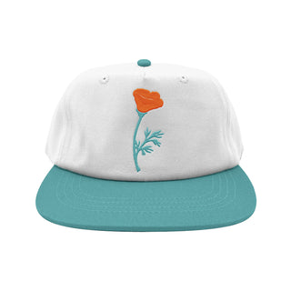 Poppy embroidered white hat with teal brim, front, on white background - Free & Easy