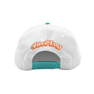 Poppy Free & Easy embroidered white hat with teal brim, back, on white background - Free & Easy