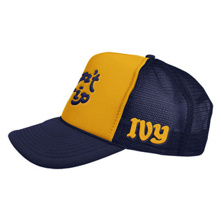 Don't Trip yellow foam trucker hat with navy mesh and brim, yellow embroidered Ivy logo on side on white background, side view - Free & Easy