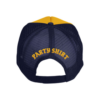 Don't Trip yellow foam trucker hat with navy mesh and brim, yellow embroidered Party Shirt logo on back on white background, back view - Free & Easy