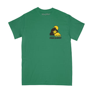 Bali Hai SS Tee in green with yellow and brown design on a white background -Free & Easy