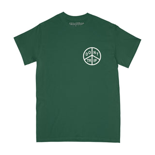 Peace short sleeve tee in green with a white peace Relax and Enjoy Life design on a white background -Free & Easy