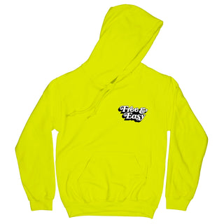 Don't Trip OG Hoodie in neon yellow with white and black Free & Easy logo design on front left side on a white background - Free & Easy