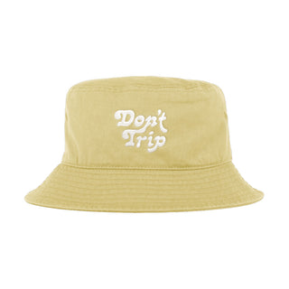 Free & Easy Don't Trip Bucket Hat in light yellow with white Don't Trip embroidery on a white background -Free & Easy