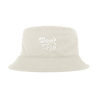 Free & Easy Don't Trip Bucket Hat in off-white with white Don't Trip embroidery on a white background -Free & Easy