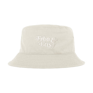 Free & Easy Don't Trip Bucket Hat in off-white with white Free & Easy embroidery on a white background -Free & Easy