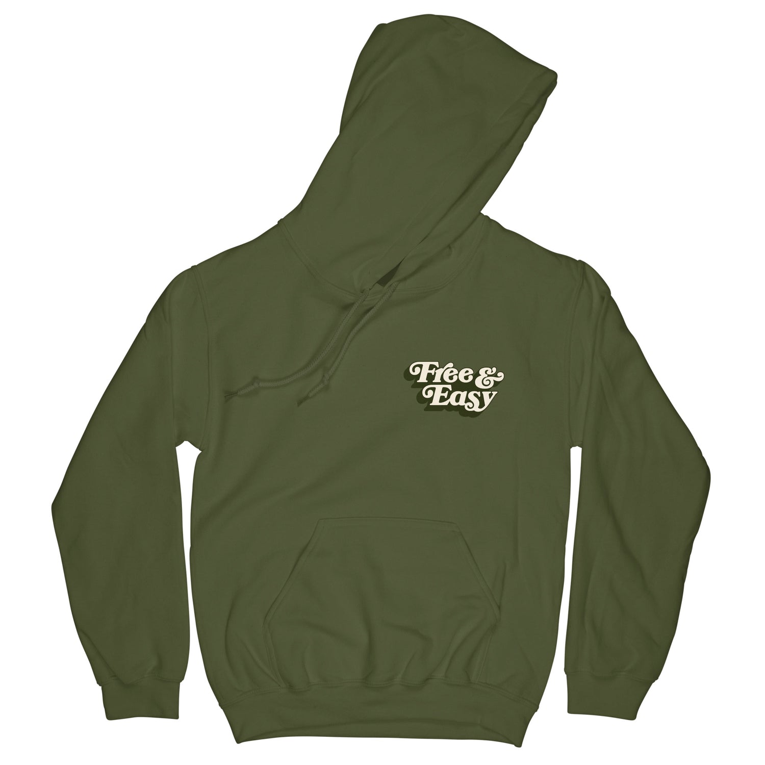 Don't Trip OG Hoodie in olive green with white and green Free & Easy logo design on front left side on a white background - Free & Easy