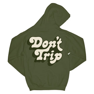 Don't Trip OG Hoodie in olive green with white and green Don't Trip logo design on back on a white background - Free & Easy