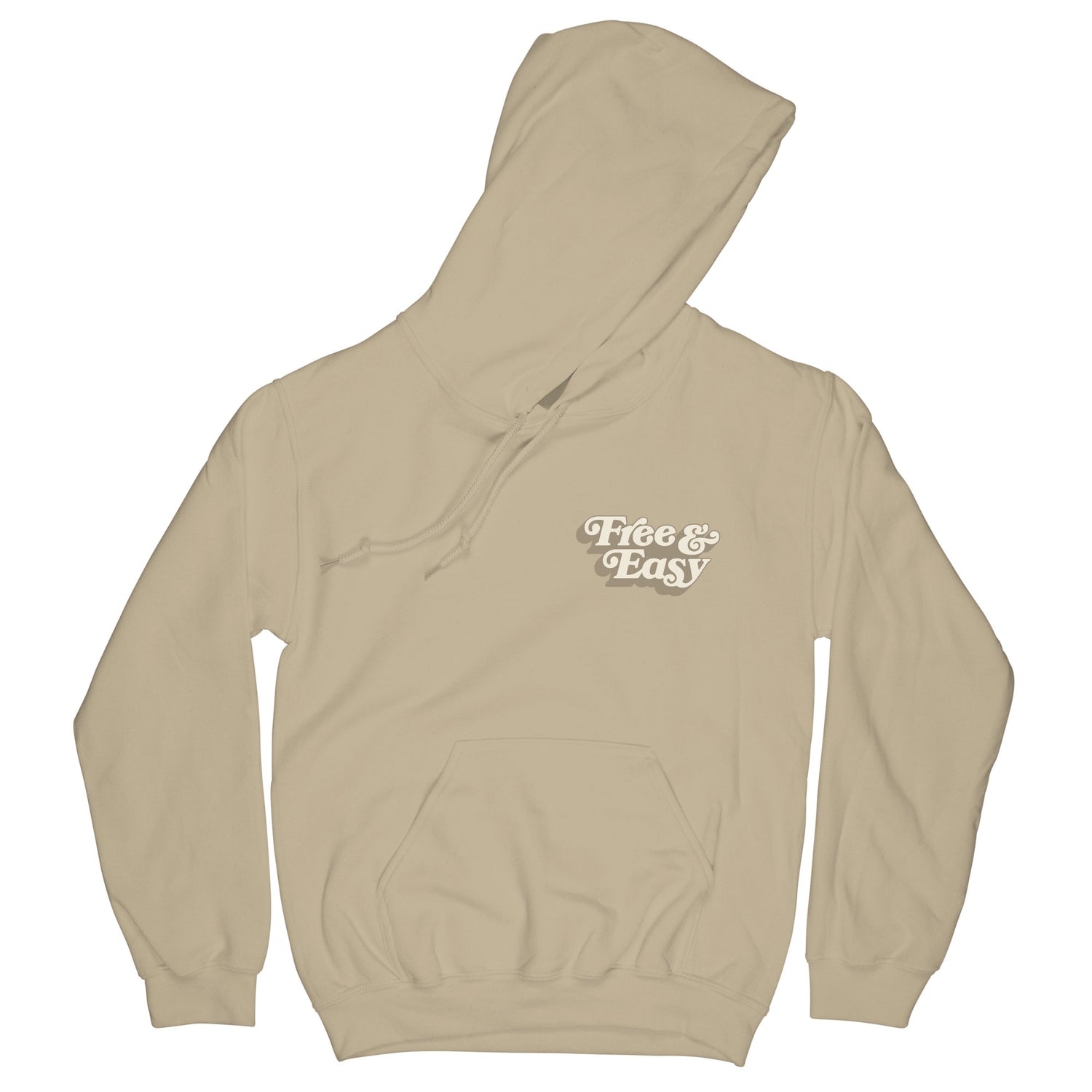 Don't Trip OG Hoodie in sand with white and beige Free & Easy logo design on front left side on a white background - Free & Easy