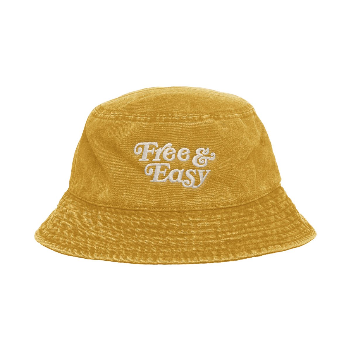 Free & Easy Don't Trip Washed Yellow Bucket Hat with white Free & Easy embroidery on a white background - Free & Easy