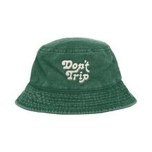 Load image into Gallery viewer, Free &amp; Easy Don&#39;t Trip Washed Green Bucket Hat with white Don&#39;t Trip embroidery on a white background, front - Free &amp; Easy
