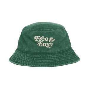 Free & Easy Don't Trip Washed Green Bucket Hat with white Free & Easy embroidery on a white background, back - Free & Easy
