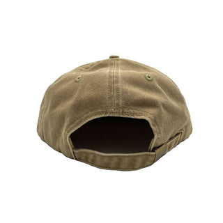 Free & Easy washed khaki hat with white embroidered Don't Trip logo on white background, back - Free & Easy