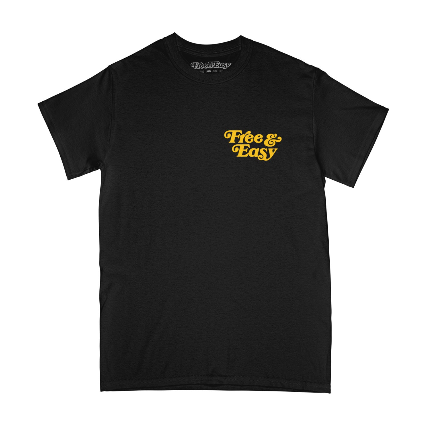 Be Happy LA SS Tee in black with a yellow LA Don't Trip smiley face design on a white background -Free & Easy