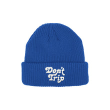 Load image into Gallery viewer, Free &amp; Easy Don&#39;t Trip Kids Beanie in blue with white Don&#39;t Trip embroidery on a white background, front - Free &amp; Easy
