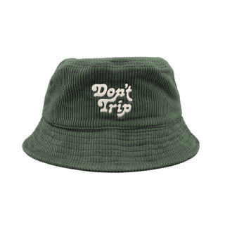 Free & Easy Don't Trip Fat Corduroy Bucket Hat in olive with white Don't Trip embroidery on a white background - Free & Easy