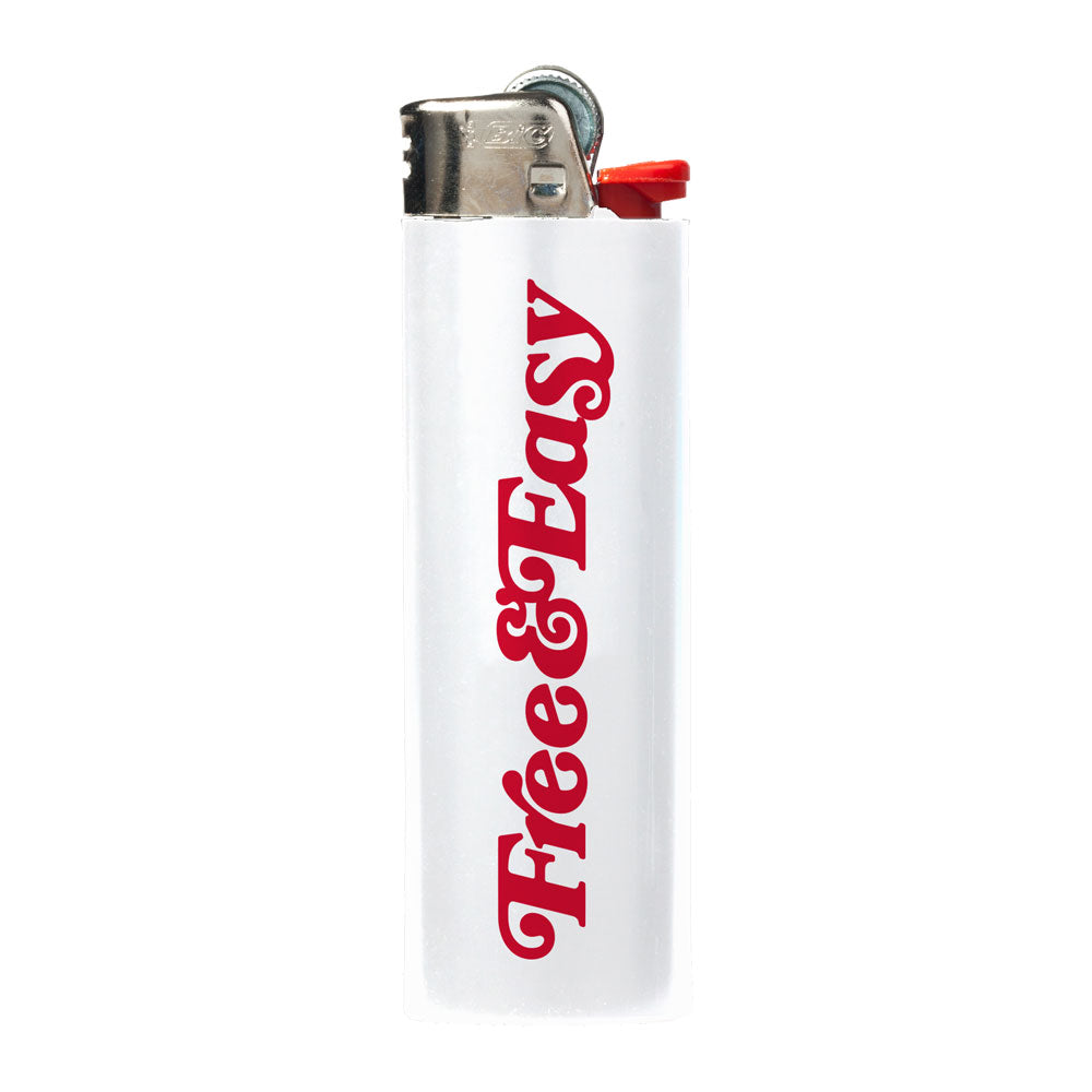 Free & Easy white lighter with red font on white background, front - Free & Easy