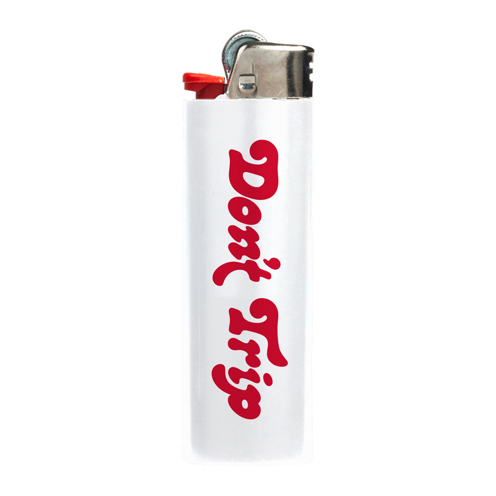 Don't Trip white lighter with red font on white background, back - Free & Easy