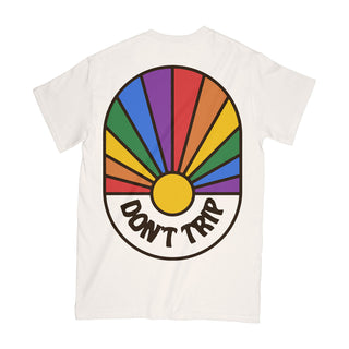 Spectrum short sleeve tee in white with a multicolor rainbow Don't Trip design - Free & Easy