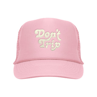 Don't Trip Embroidered Trucker Hat in light pink with white Don't Trip embroidery -Free & Easy